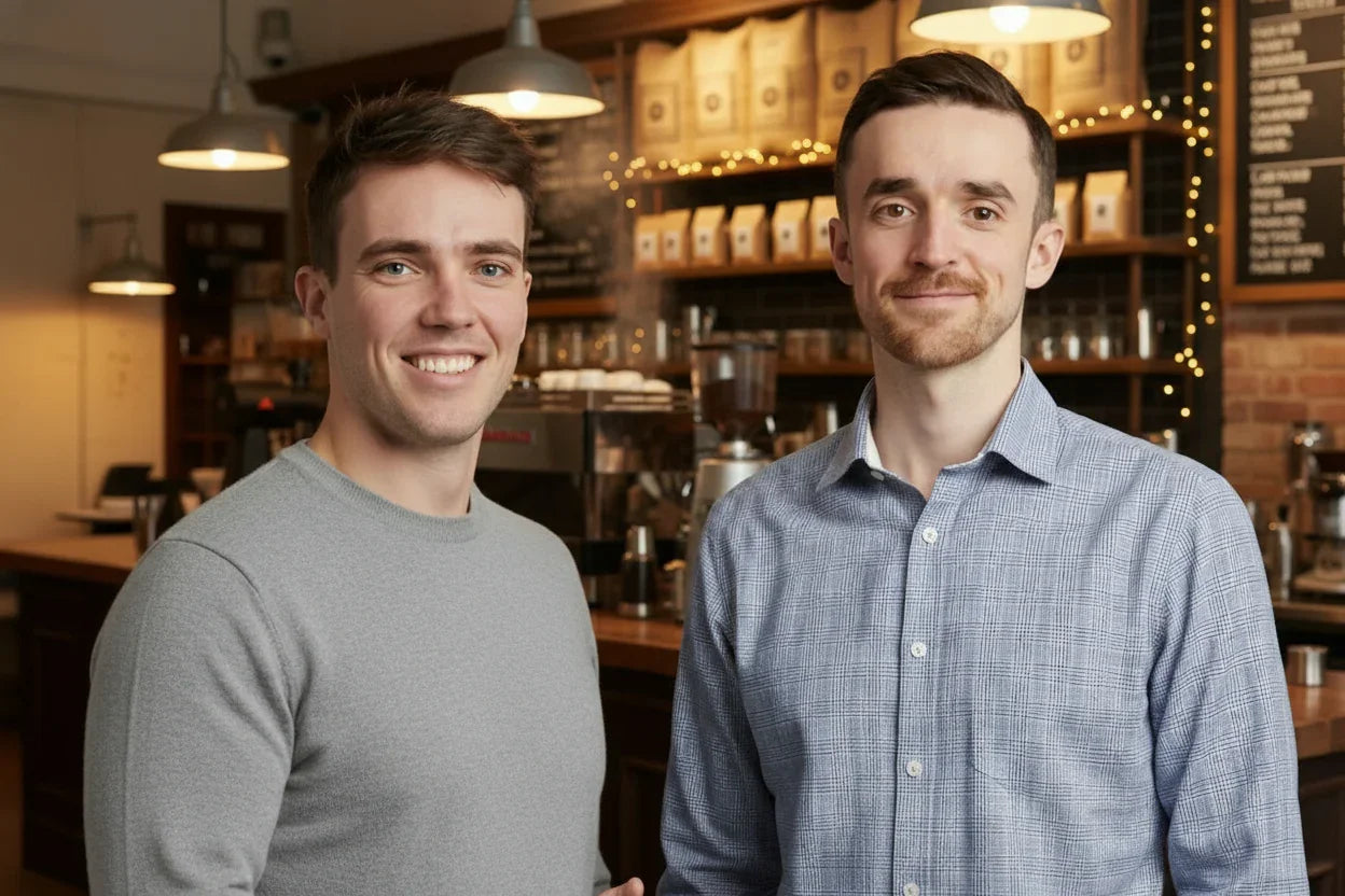 Two founders standing in a coffee shop with shelves and lights in the background